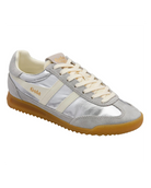 grey and silver sneaker with cream details and laces