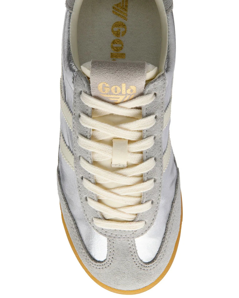 grey and silver sneaker with cream details and laces