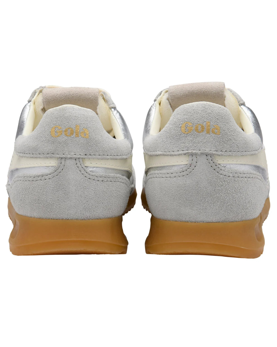 grey and silver sneaker with cream details and laces