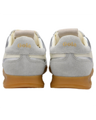 grey and silver sneaker with cream details and laces