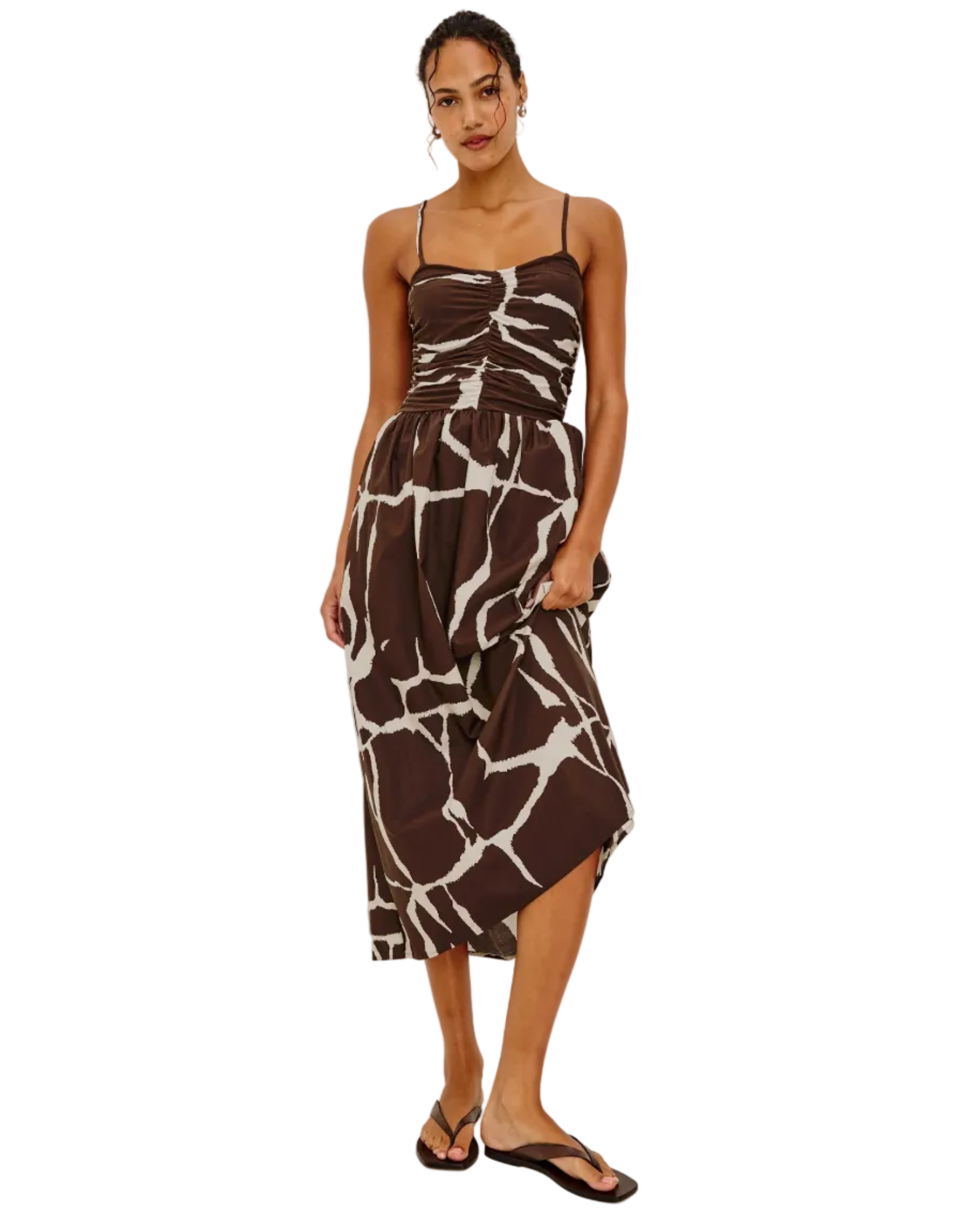 midi dress in brown and cream