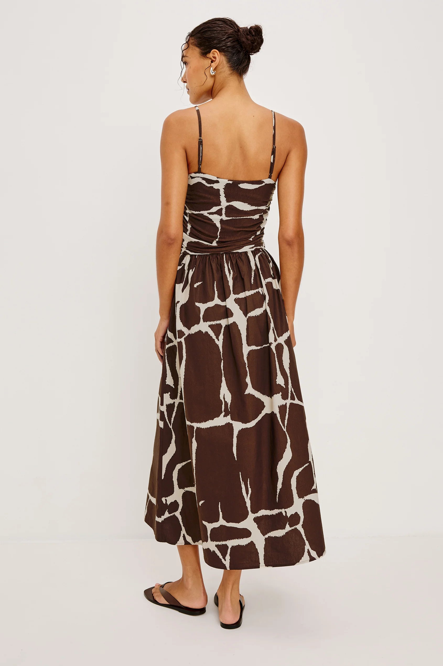 midi dress in brown and cream