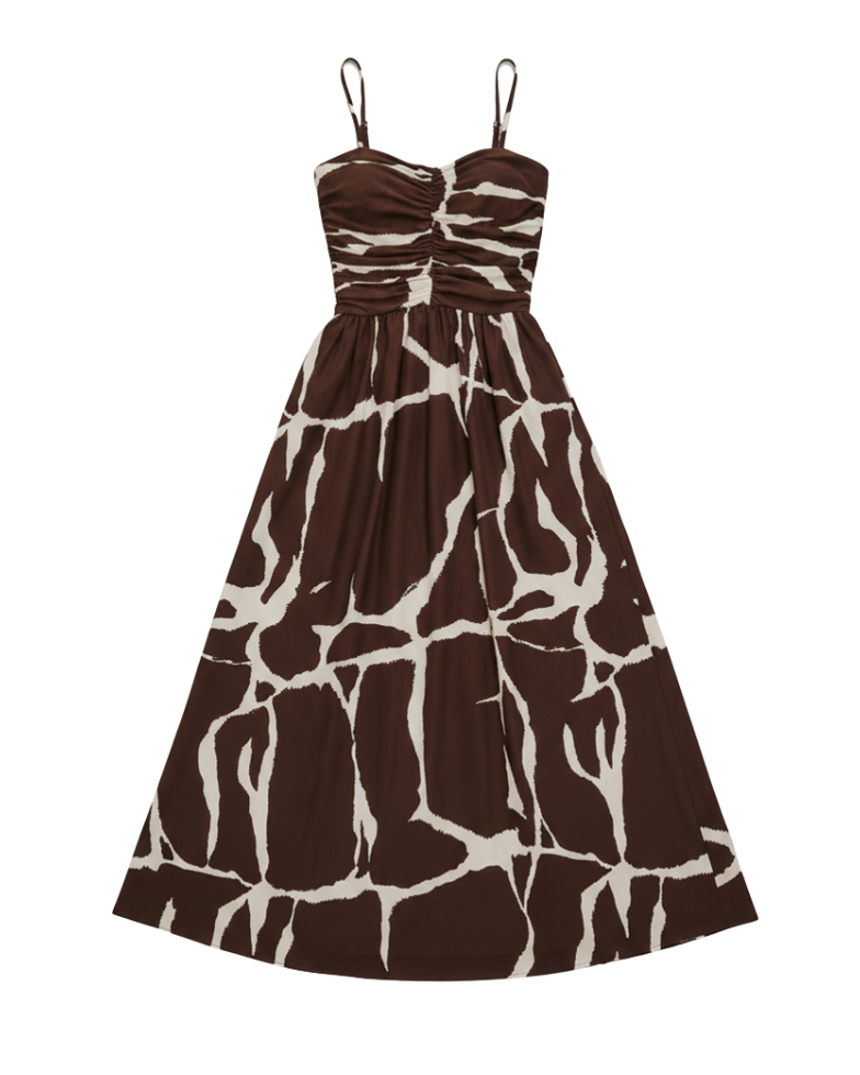 midi dress in brown and cream