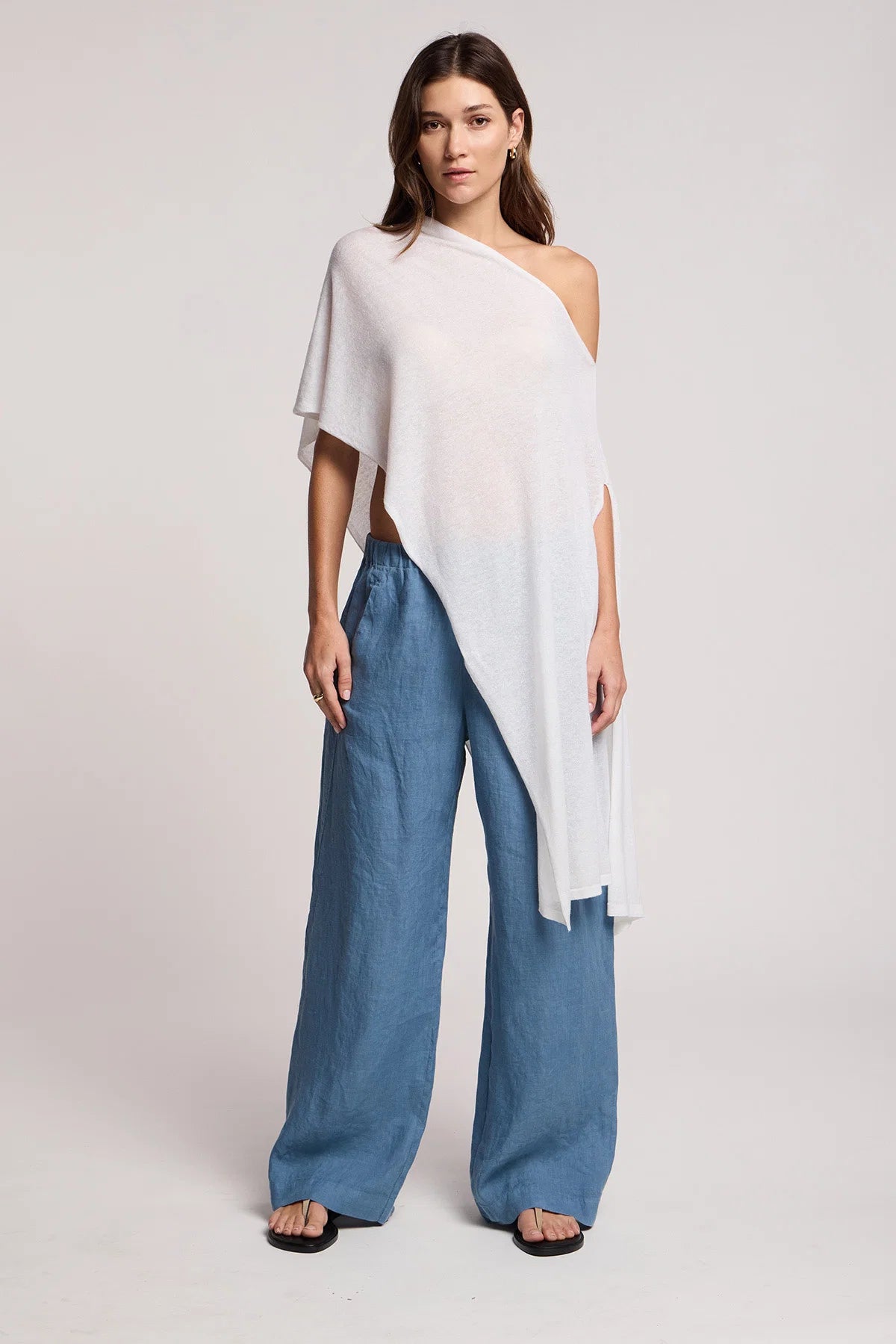 off the shoulder white draped sweater