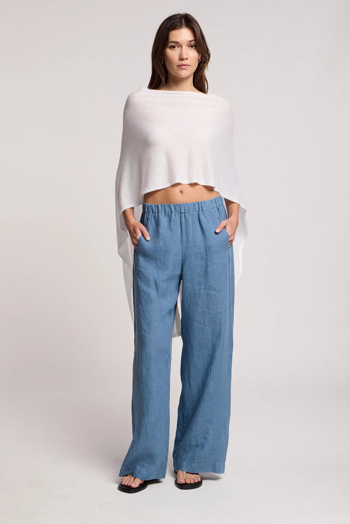 off the shoulder white draped sweater