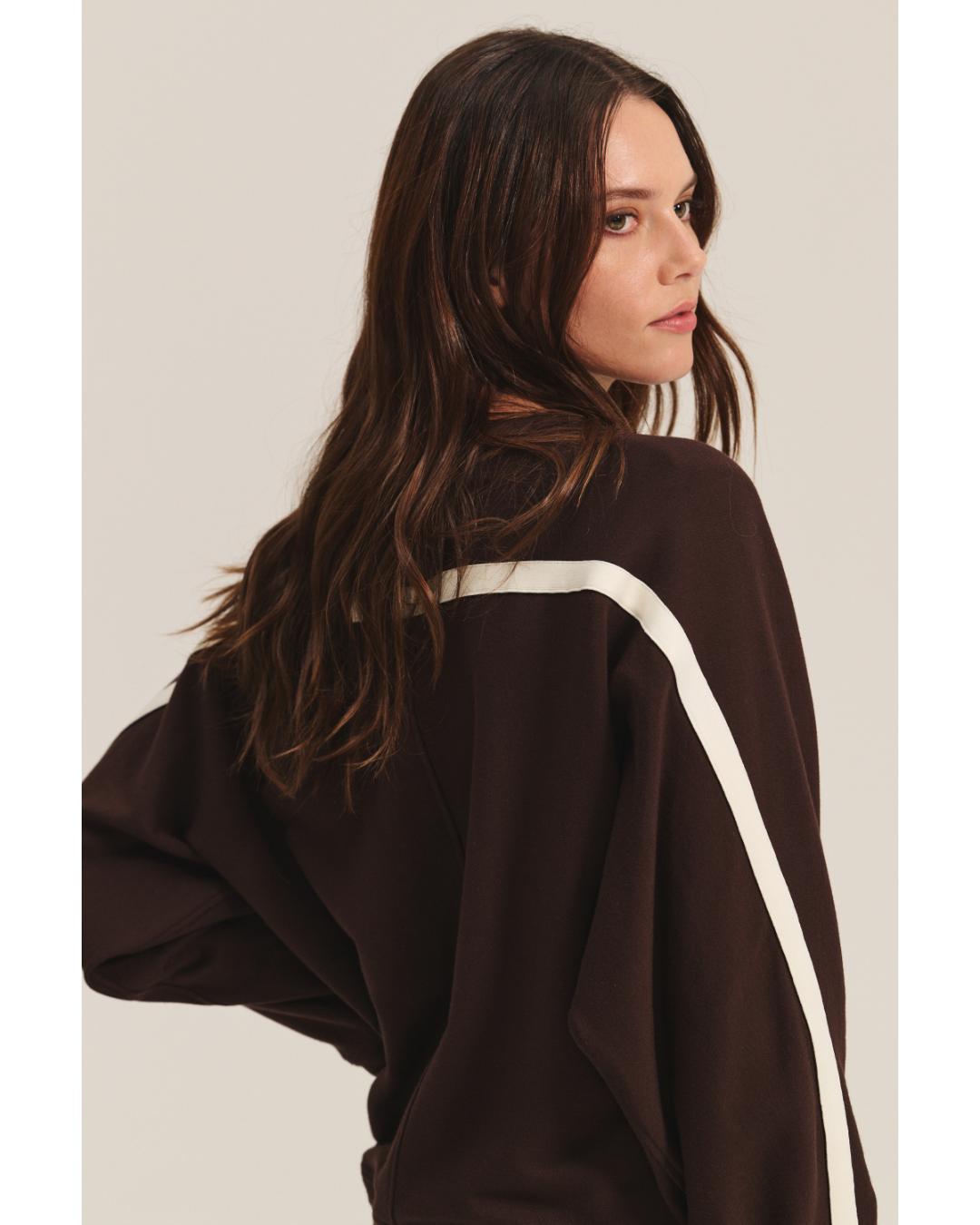  brown sweatshirt with a cream stripe through the back and arms