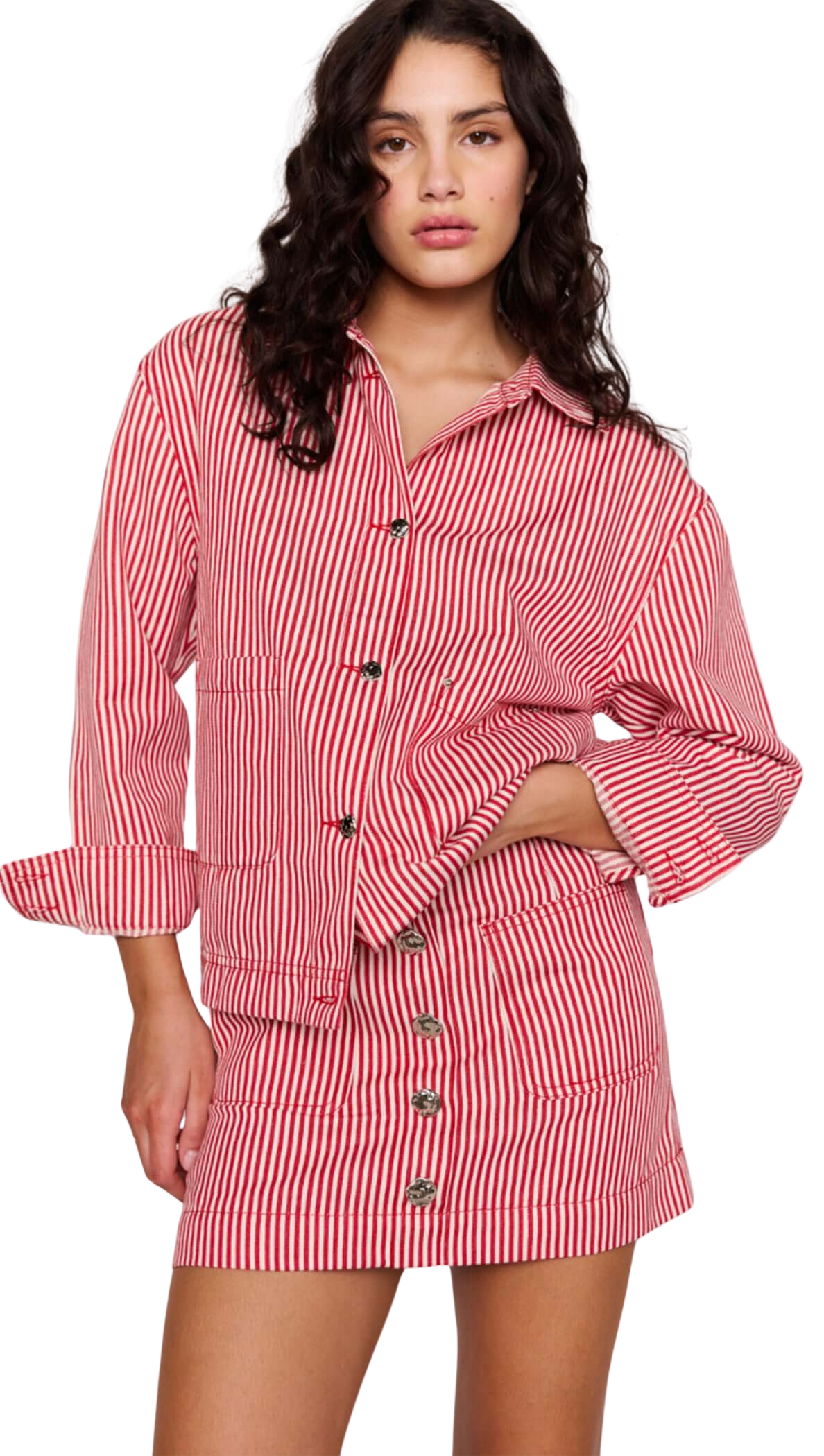 red and white stripe denim jacket