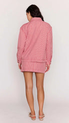 red and white stripe denim jacket