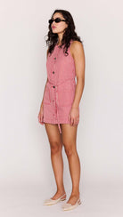 red stripe mini dress with buttons down the middle