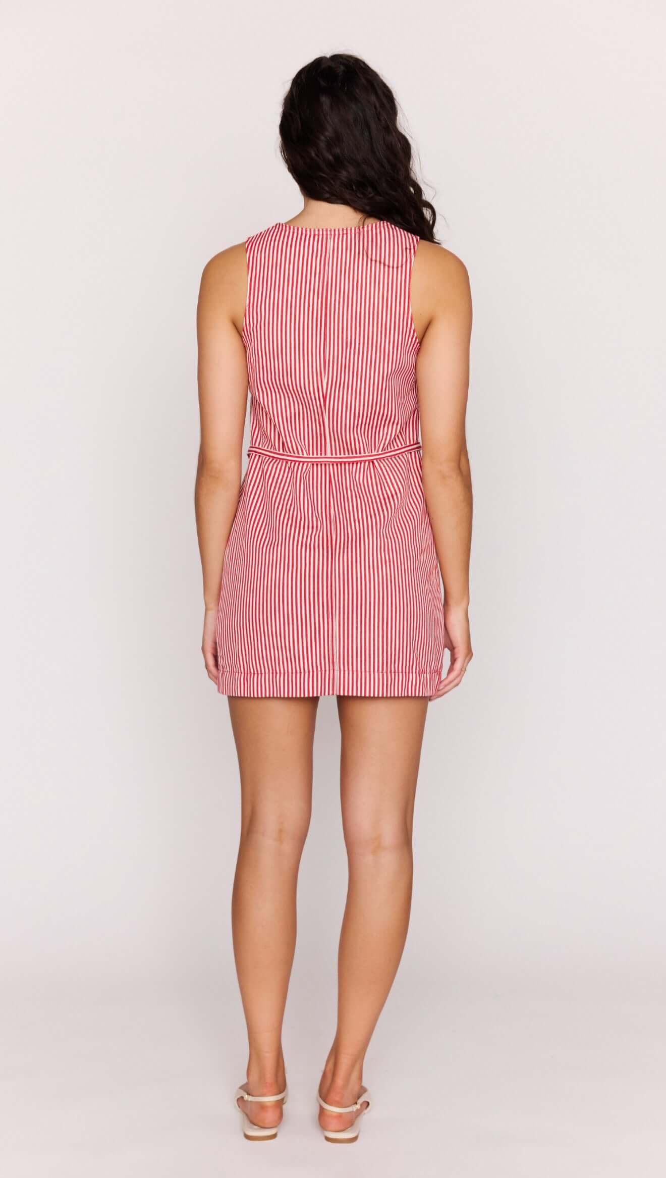 red stripe mini dress with buttons down the middle