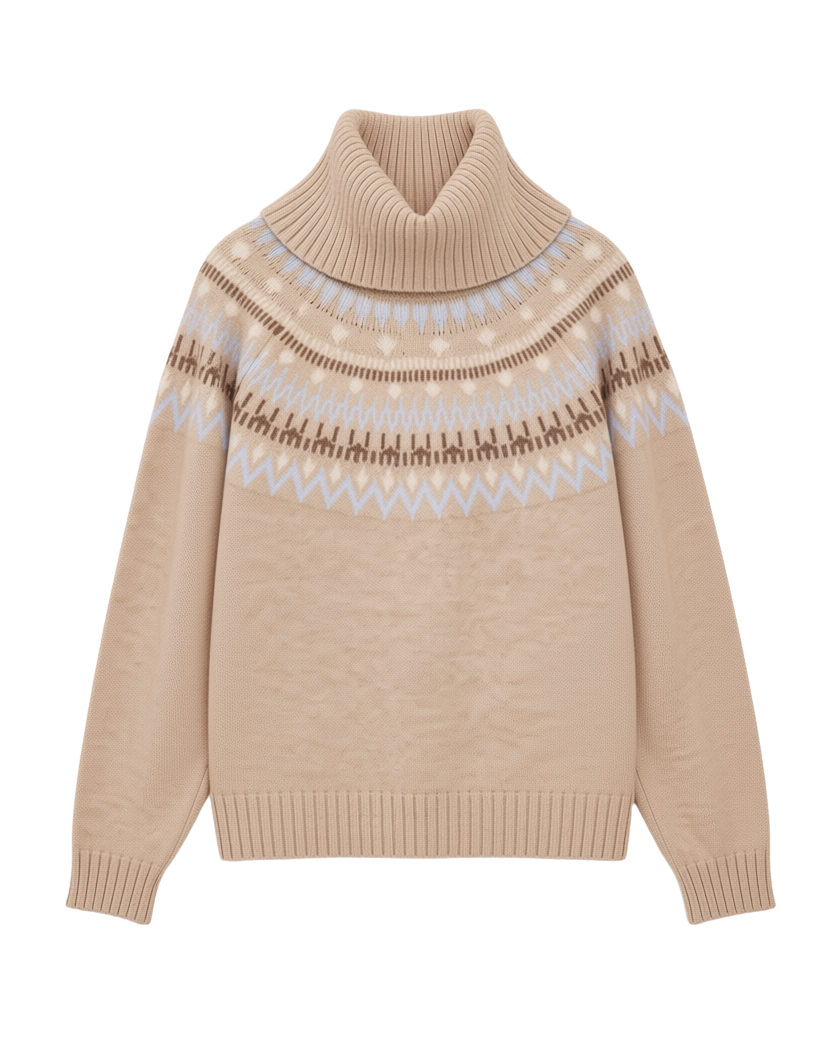 beige turtleneck sweater with fairisle design