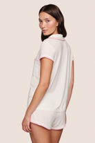 short sleeve short pj set in white with pink piping