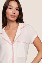 short sleeve short pj set in white with pink piping