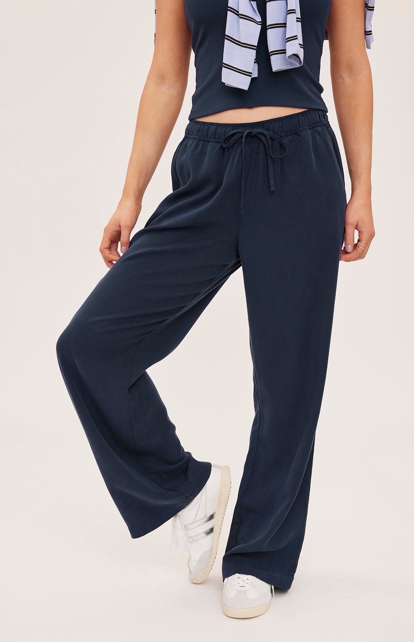 wide leg navy drawstring pants