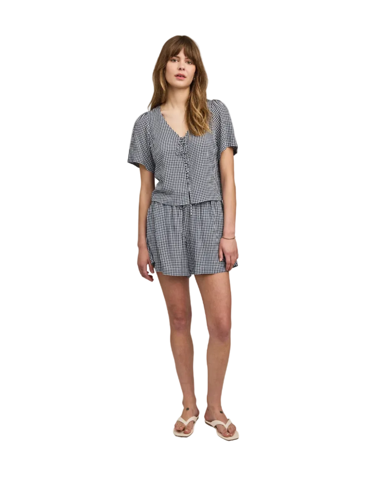 navy gingham short sleeve blouse