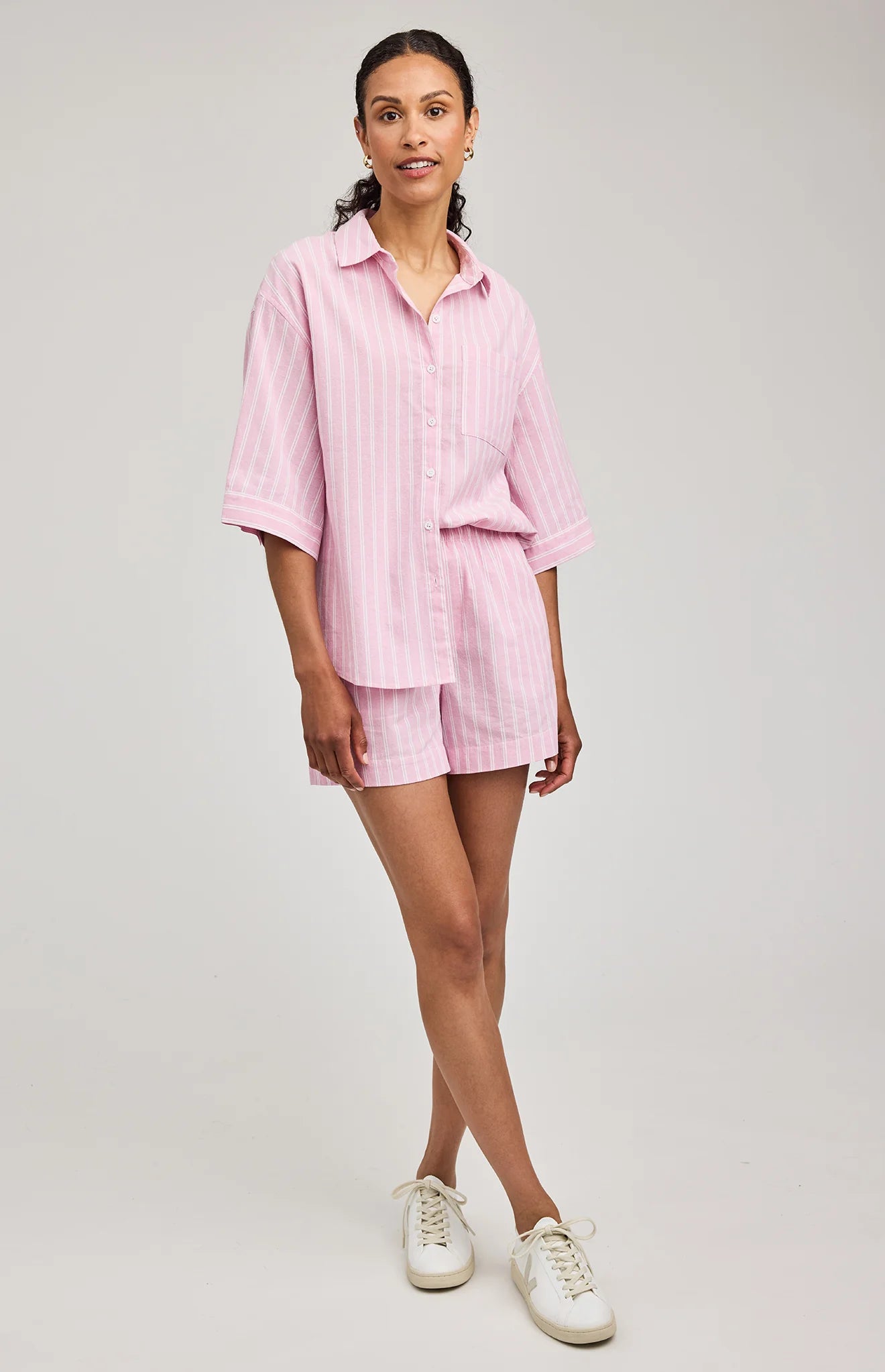 pink stripe short sleeve button down
