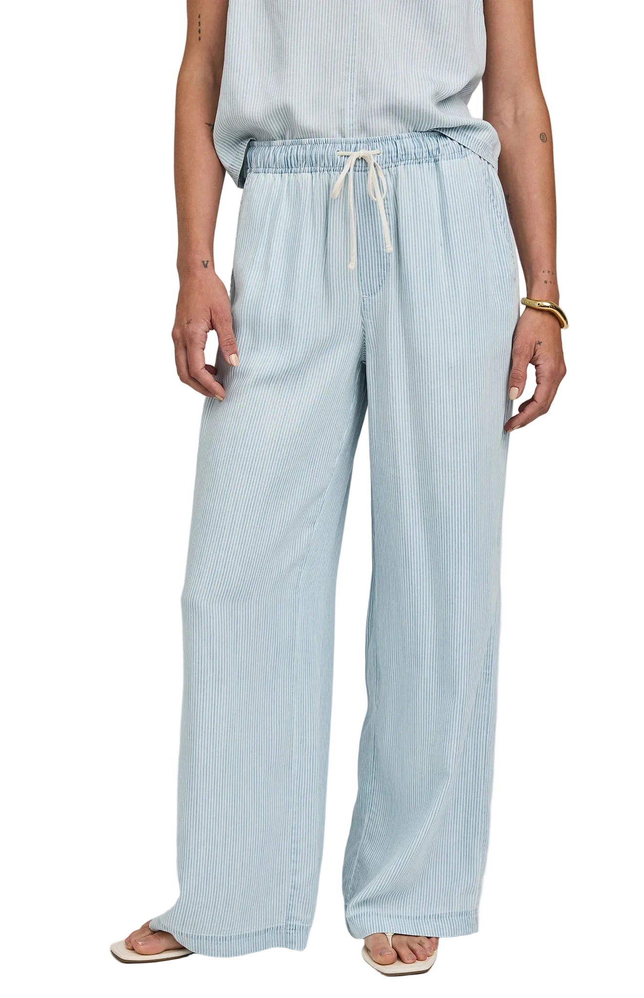 wide leg blue stripe pant with drawstring