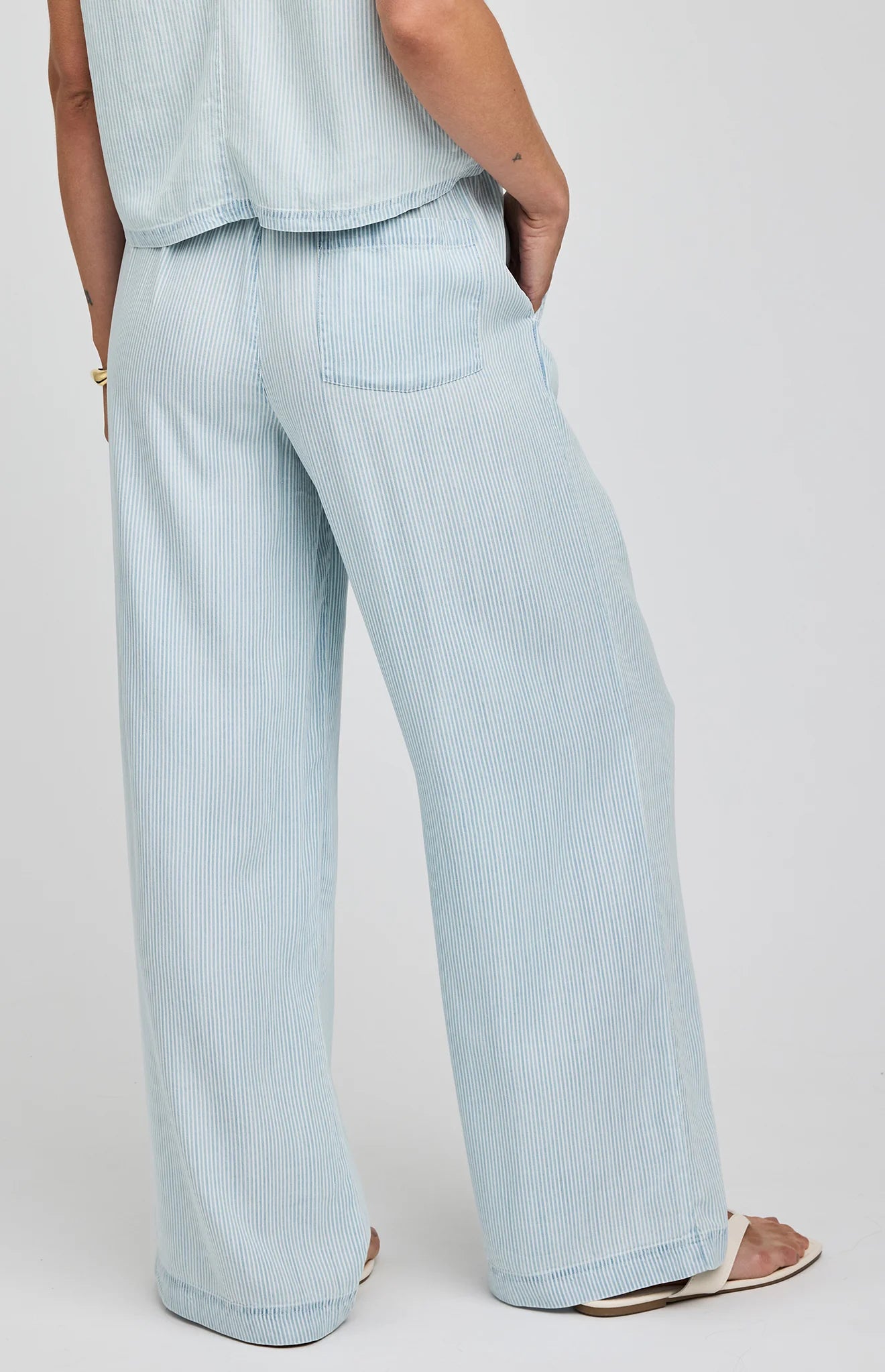 wide leg blue stripe pant with drawstring