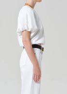 white cropped short sleeve top with a bubble waist and sleeve