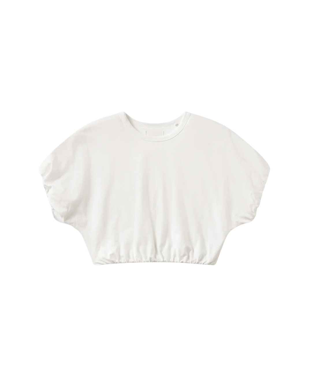 white cropped short sleeve top with a bubble waist and sleeve