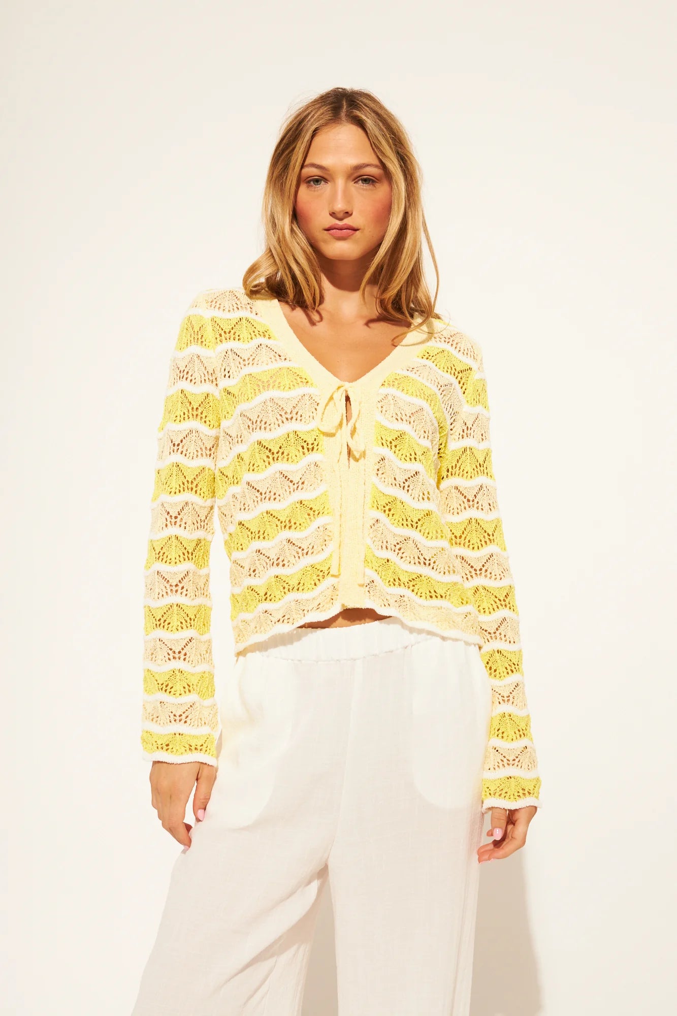 crochet long sleeve cardigan in yellow