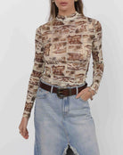 long sleeve mesh brown top
