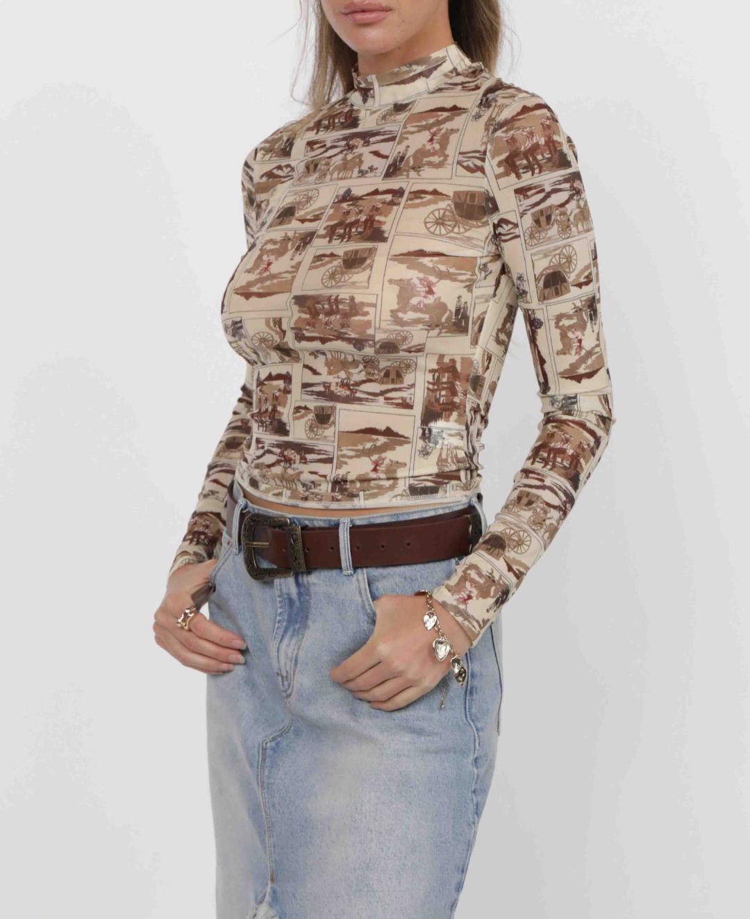 long sleeve mesh brown top