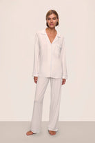 white pj set with blue trim