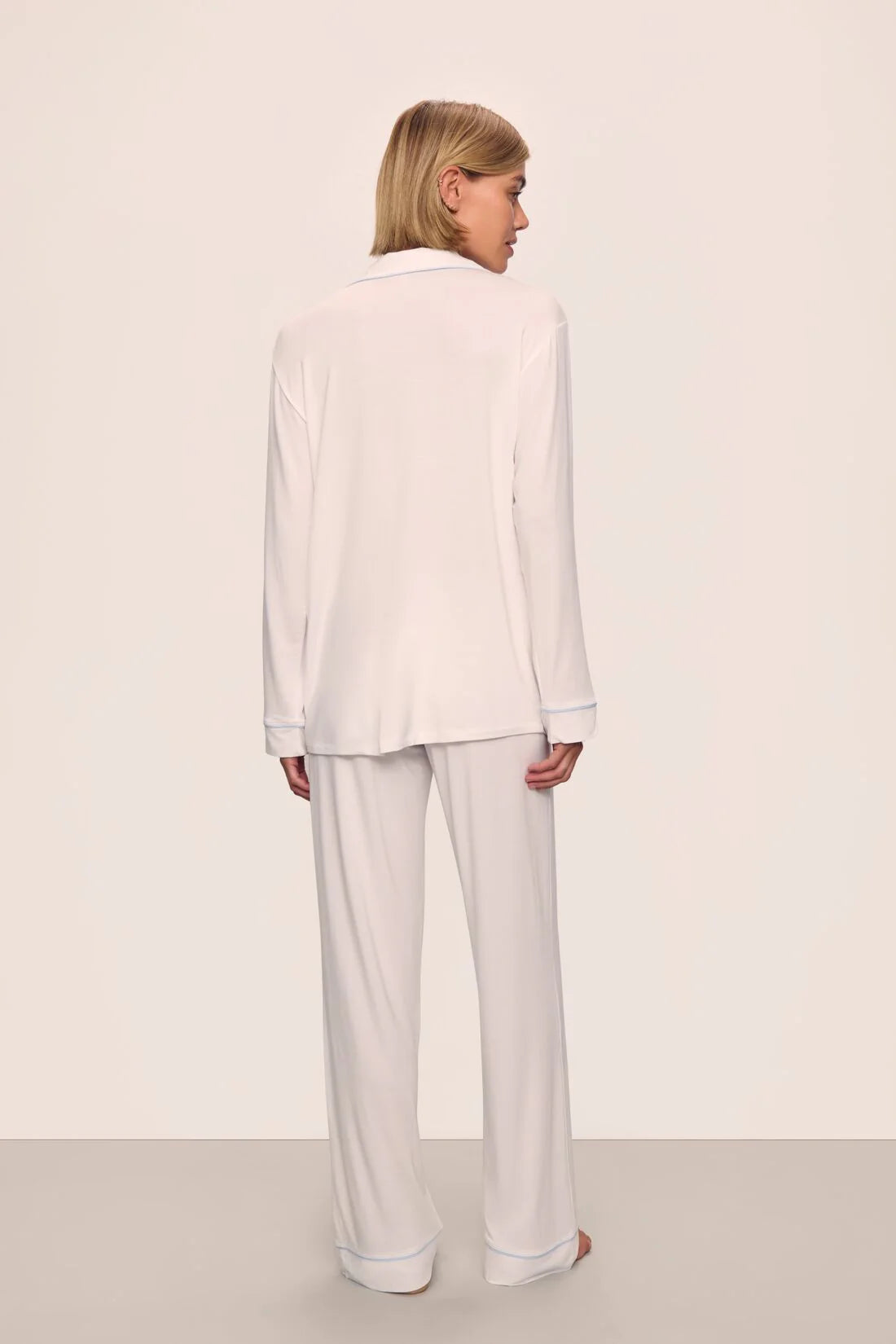 white pj set with blue trim