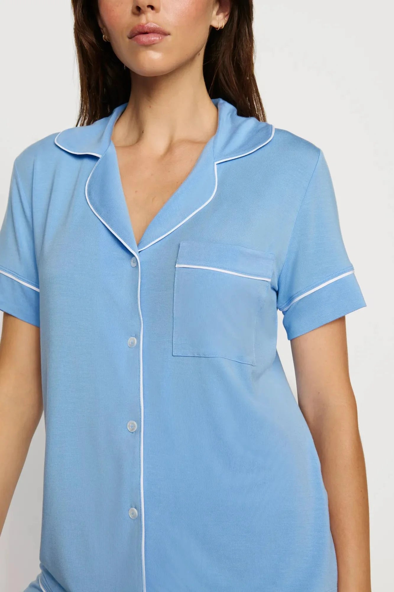 blue pj short and top set with white trim