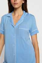 blue pj short and top set with white trim