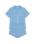 blue pj short and top set with white trim