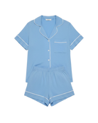 blue pj short and top set with white trim