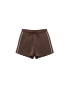 brown satin short with a cream trim on the side