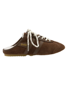 dark brown sneaker mule with white laces