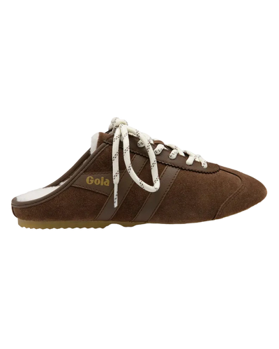 dark brown sneaker mule with white laces