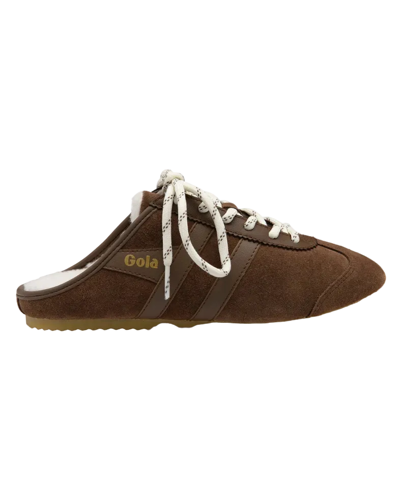dark brown sneaker mule with white laces