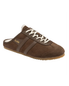 dark brown sneaker mule with white laces