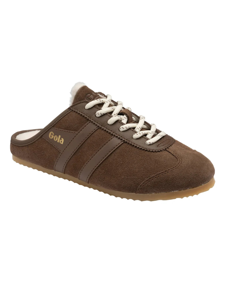 dark brown sneaker mule with white laces
