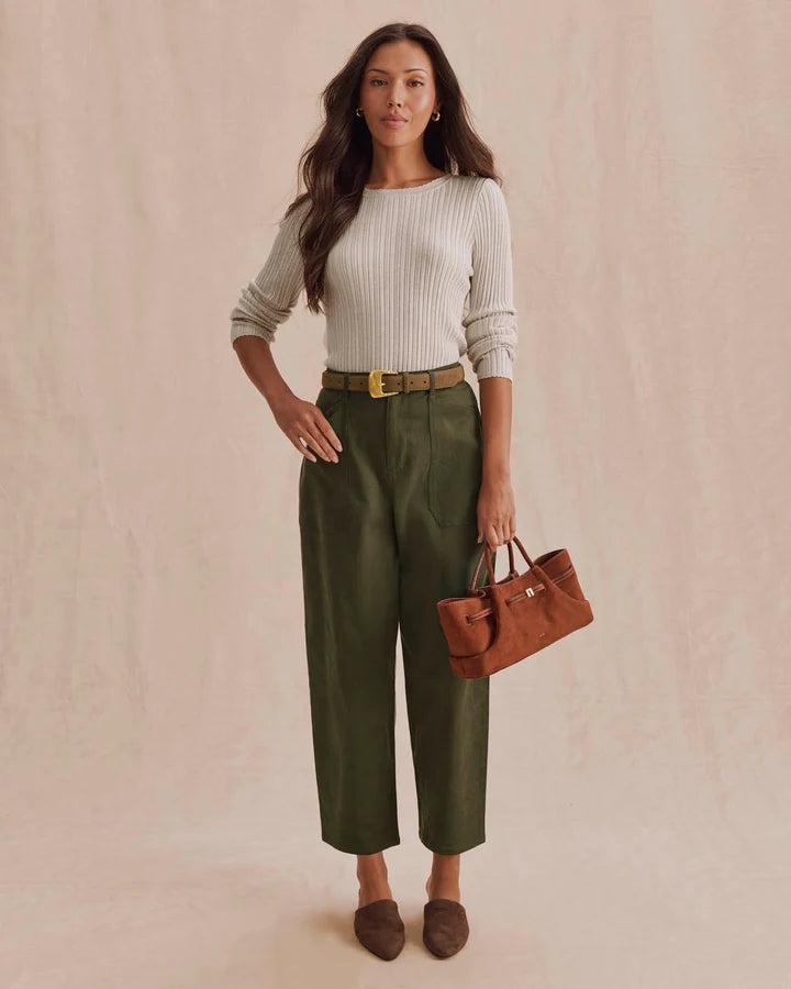 beige long sleeve sweater with pointelle details