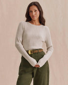 beige long sleeve sweater with pointelle details