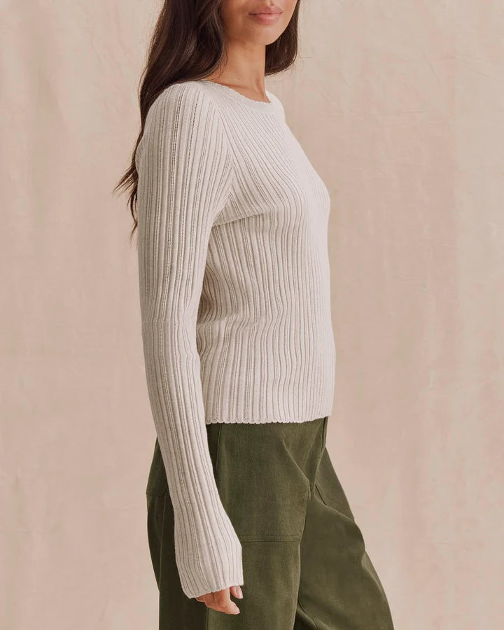 beige long sleeve sweater with pointelle details