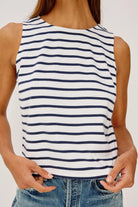 white tank top with navy stripes