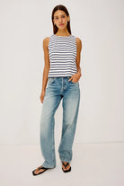 white tank top with navy stripes