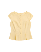 yellow top with buttons down the front and a cap sleeve