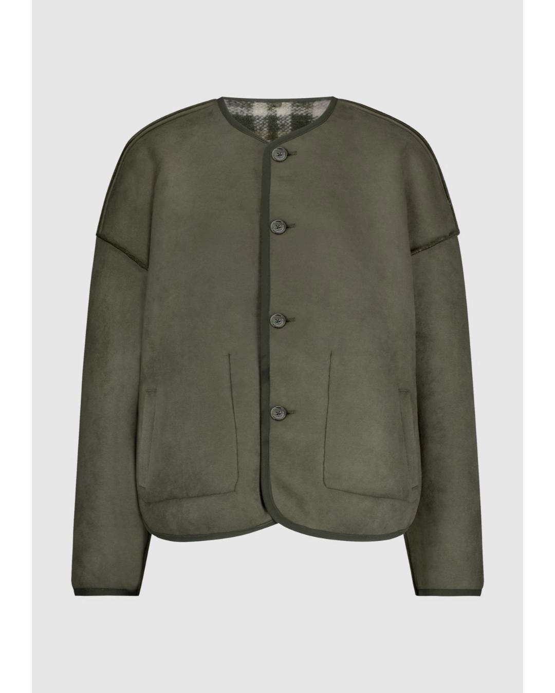 green suede jacket with plaid on the side that is reversible