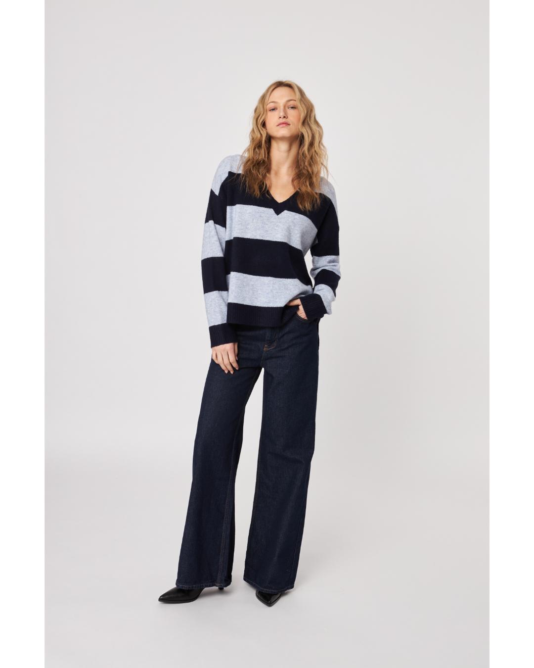 blue striped v-neck sweater
