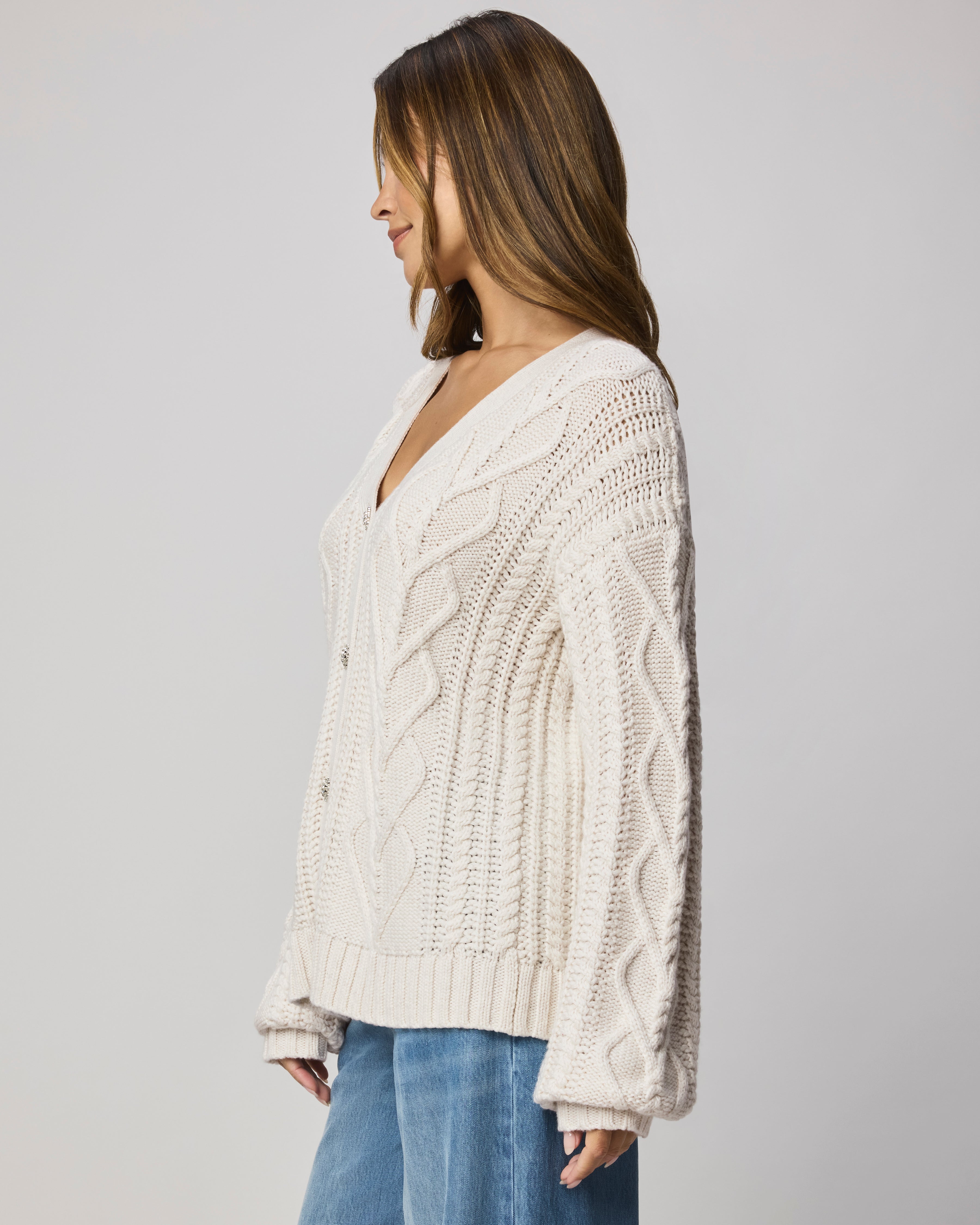 cream cable knit cardigan with silver buttons