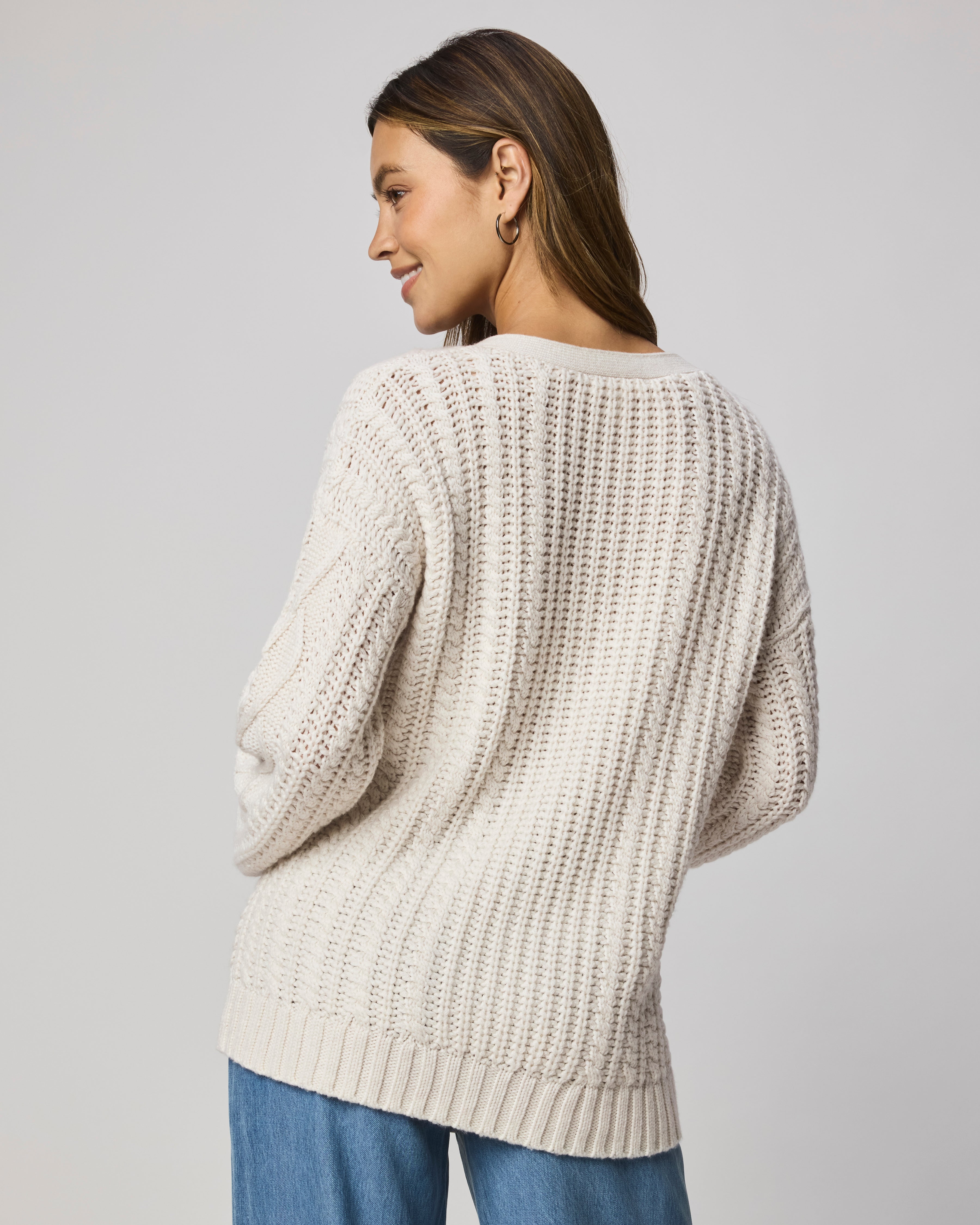 cream cable knit cardigan with silver buttons