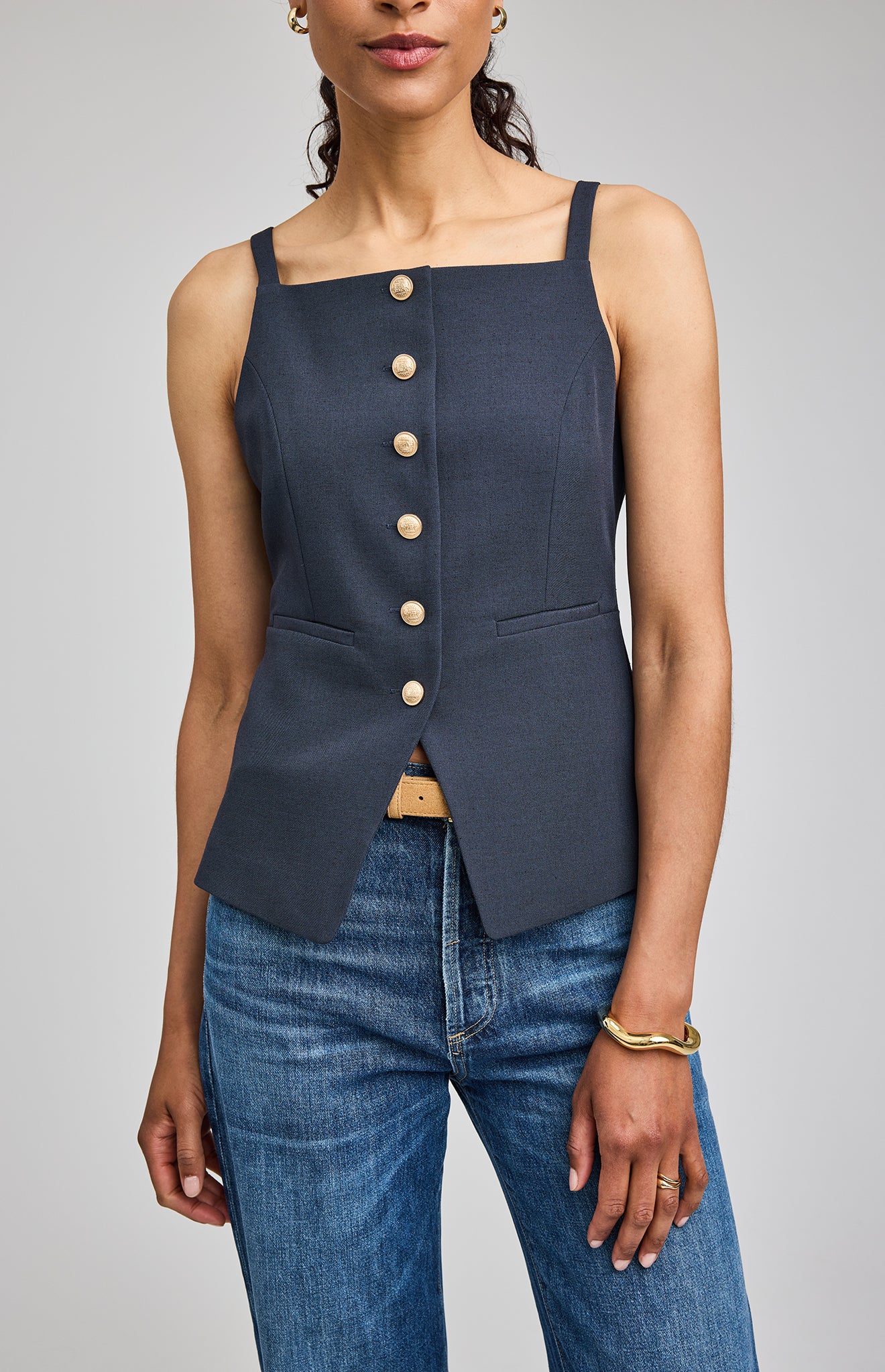 navy button up suiting top